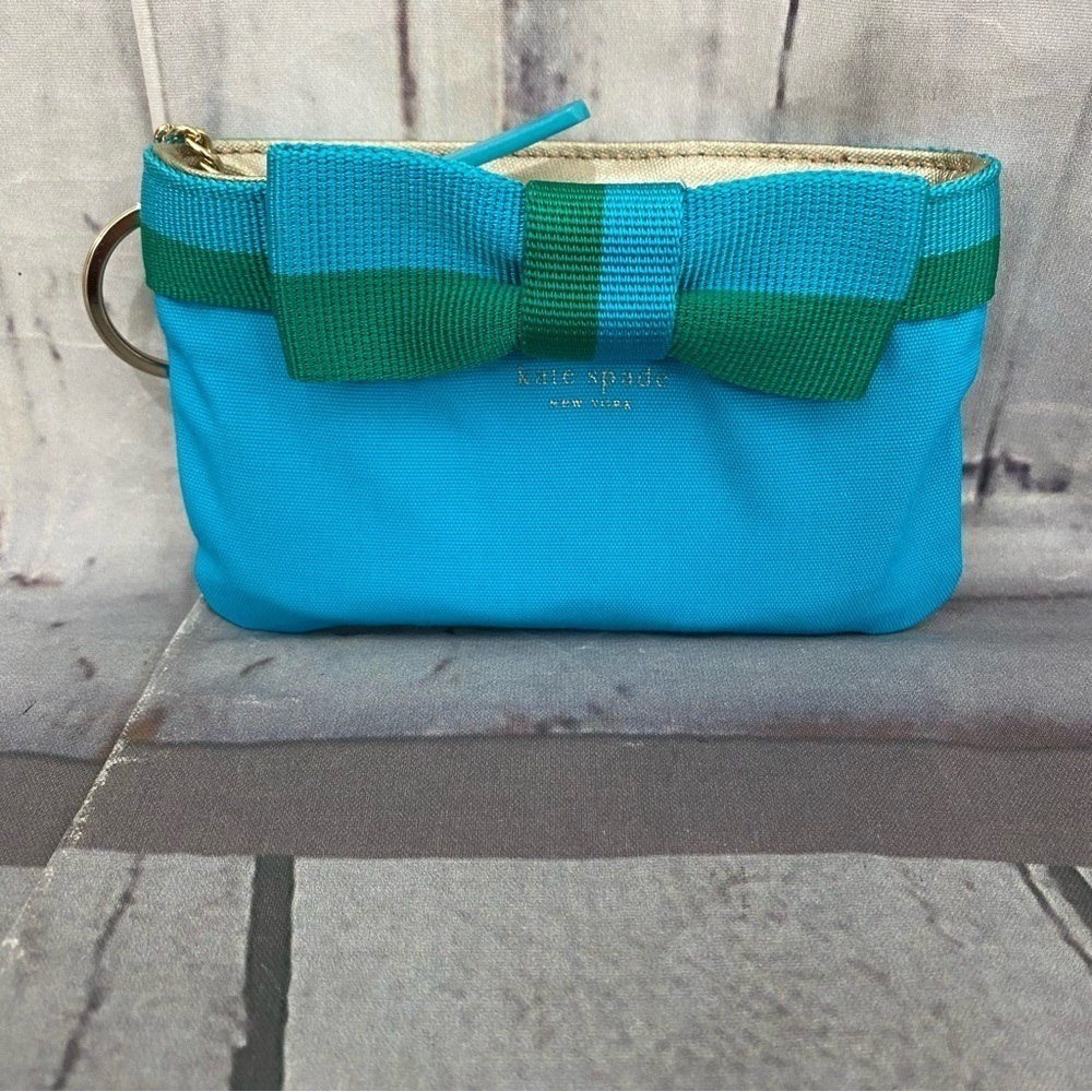 Kate Spade Blue Green Fabric Zip Closure Keychain Coin Bag Pouch Bow
